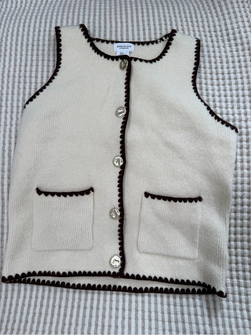 Song of Style Cream Knit Vest with Dark Brown Trim